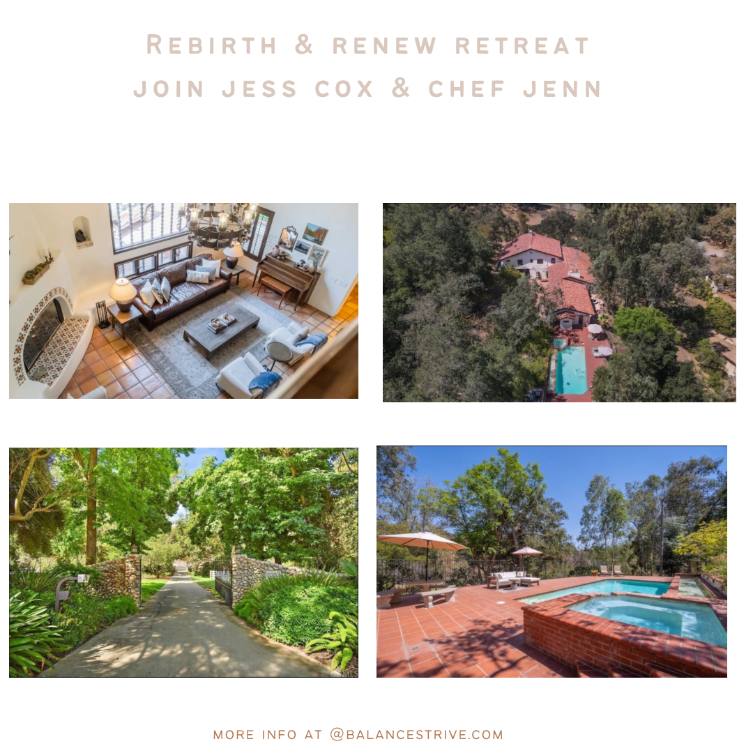 Promotional flyer for a retreat with photos of a cozy living room, an aerial view of a house with a pool, a scenic entrance to a lush garden path, and a backyard with a swimming pool and patio.
