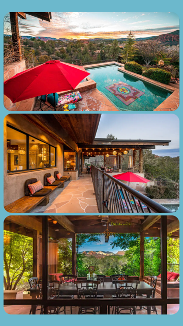 Outdoor pool area with red umbrellas, a patio with seating and string lights, and a balcony with a dining table overlooking a lush, hilly landscape at sunset.
