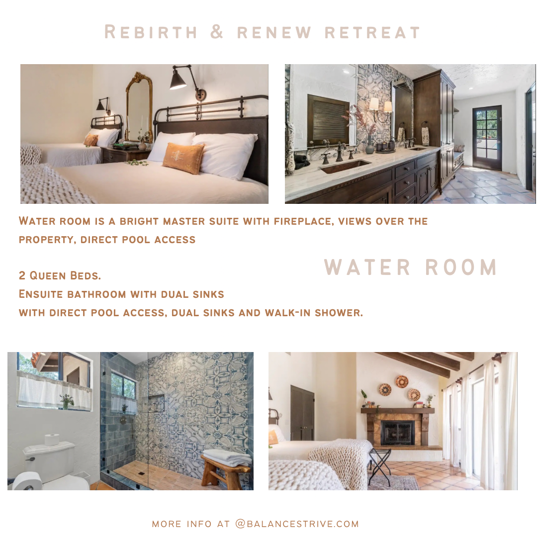 Collage of four images of a retreat property including a bedroom with two queen beds, a bathroom with double sinks, a shower, and a living area with a fireplace.