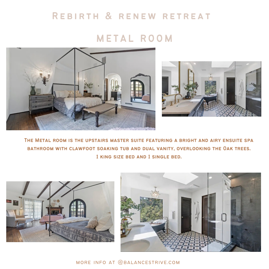 Images of the upstairs master suite bathroom and bedroom in a modern retreat, with a bright ensuite spa bathroom, clawfoot soaking tub, dual vanity, and oak tree views, featuring a black four-poster bed, a decorative mirror, and patterned bathroom tiles.