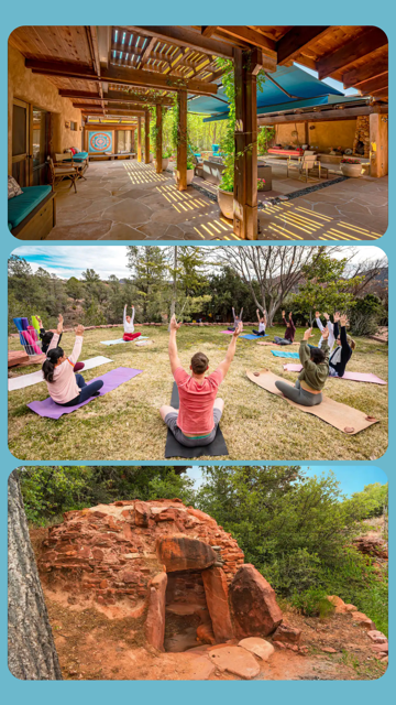 The top image shows a shaded outdoor patio with wooden beams, string lights, and patio furniture. The middle image features a group of people practicing yoga outside on mats, surrounded by trees and nature. The bottom image displays a small red rock cave or alcove in a natural landscape with grass and trees around it.