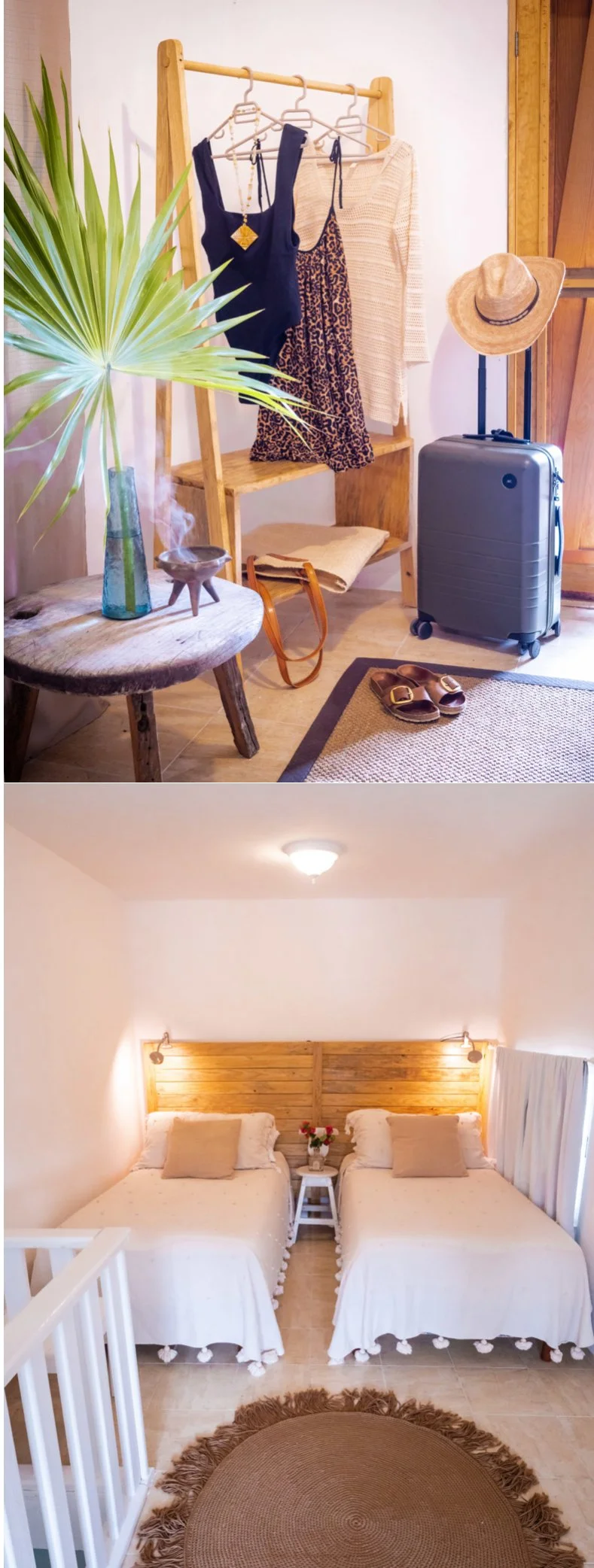 The first image shows a cozy, rustic hotel room corner with a wooden clothes rack holding dresses, a straw hat hanging on the side, a small suitcase, and a wooden table with a vase, a bowl with incense, and a large green plant leaf. The second image shows a bedroom with two single beds with white bedspreads and beige pillows, a small white nightstand with a flower vase, and a round woven rug on a tiled floor.