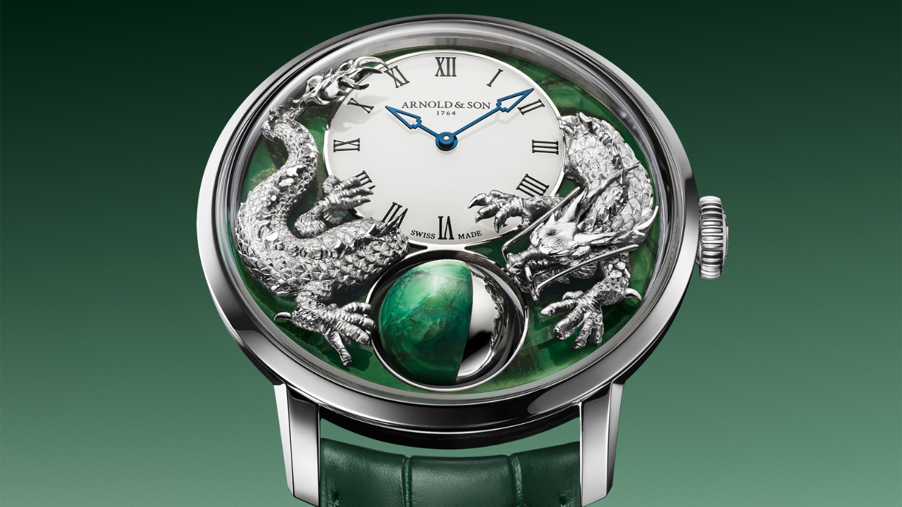 Arnold &amp; Son Luna Magna Platinum Dragon and Verdite: um dragão em ouro branco, uma pérola de 12 mm e 122 anos de precisão lunar