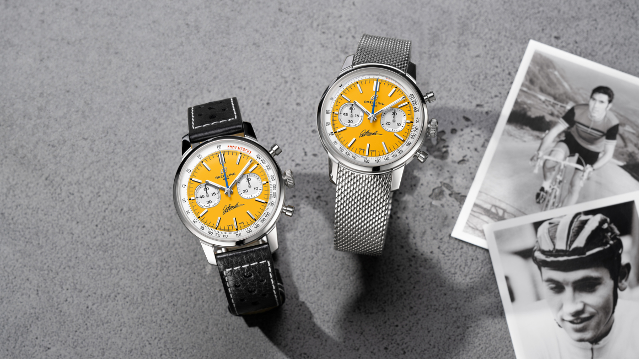 Breitling Top Time B01 Eddy Merckx: amarelo, 525 vitórias gravadas no fundo e o Calibre B01 para o maior ciclista de todos os tempos