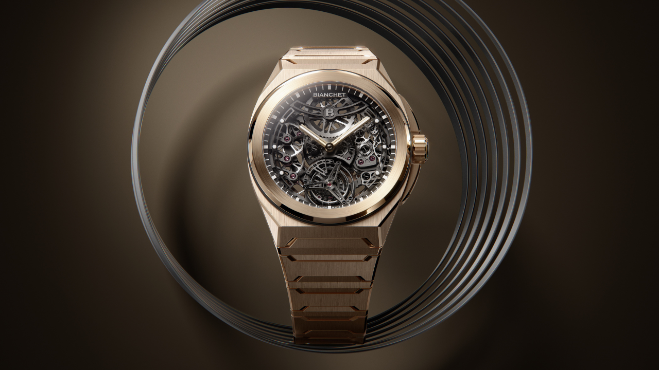 Bianchet Rotondo UltraFino Rose Gold: ouro rosa contra titânio PVD preto, tourbillon voador e 8,9 mm de espessura com 5.000G de resistência a choques