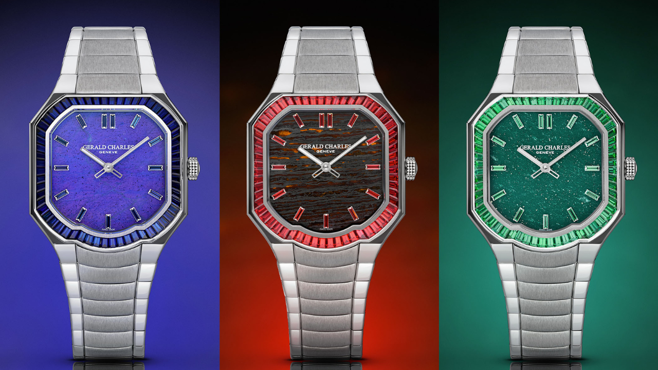 Gerald Charles Masterlink Gem Set Stone Dial: aventurina, spectrolita e Iron Eye no quadrado de 38 mm × 38 mm com 60 safiras ou tsavoritas no bezel