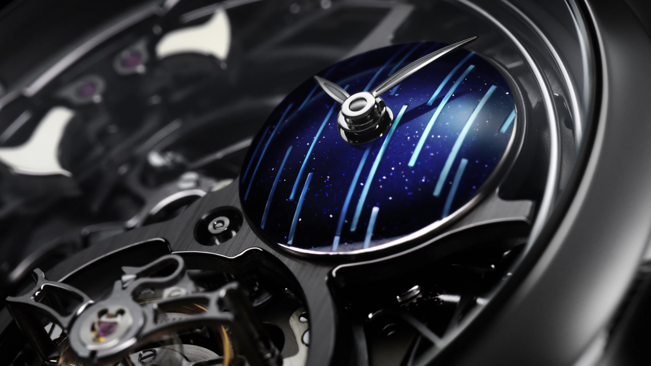 H. Moser &amp; Cie. Endeavour Minute Repeater Cylindrical Tourbillon Skeleton Cosmic Rain: 400+ componentes, martelos e gongos no lado do mostrador e aventurina com estrelas cadentes em 20 peças