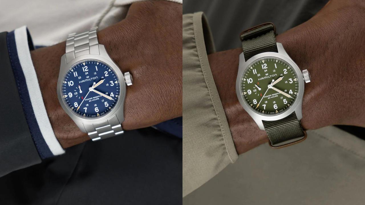 Hamilton Khaki Field Power Reserve 40mm: verde oliva e azul médio entram no catálogo permanente com 80 horas de reserva de marcha e indicador tipo gasolina