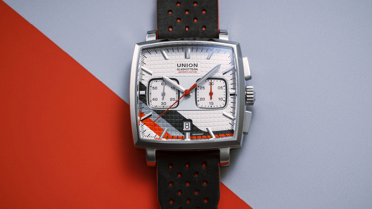 Union Glashütte Averin Chronograph Sachsen Classic 2026: vermelho sinal, cinza Nardo e cinza Daytona no quadrado que lembra o Monaco, 350 peças