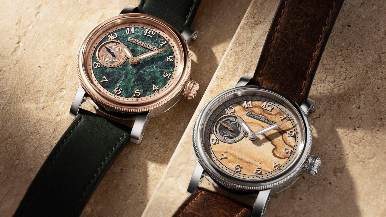 Chronoswiss Small Second Jasper e Serpentine: jaspe dourado de Idar-Oberstein e serpentinita verde vibrante em 50 peças cada e Côtes de Genève em arabesco