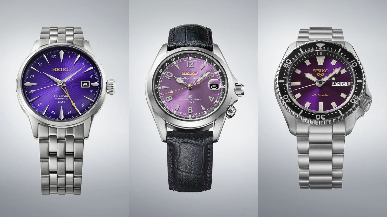 Seiko 145 anos, Coleção Edo Purple: roxo de Tóquio no Alpinist, no Presage Cocktail GMT e no 5 Sports SKX