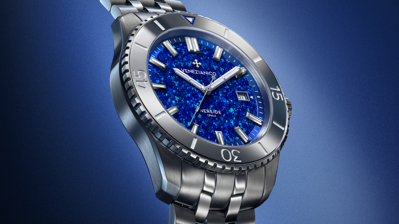 Venezianico Nereide Opale Blu: opala azul cultivada em laboratório no Japão, 600 peças e nenhum mostrador igual ao outro