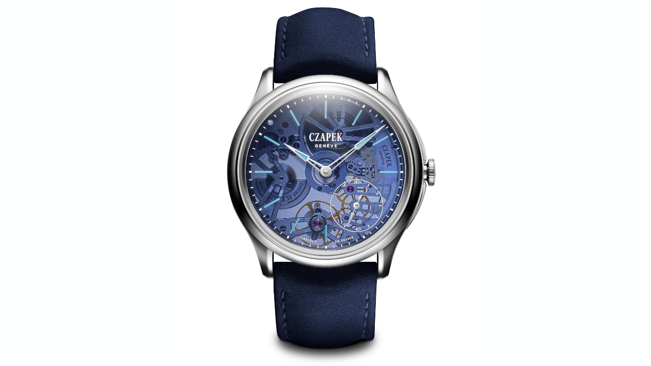 Czapek Promenade Transparencies Aqua Blue: gradiente fumé azul por metalização de pontos de 8 microns, SXH7 esqueletizado visível dos dois lados e 38 peças