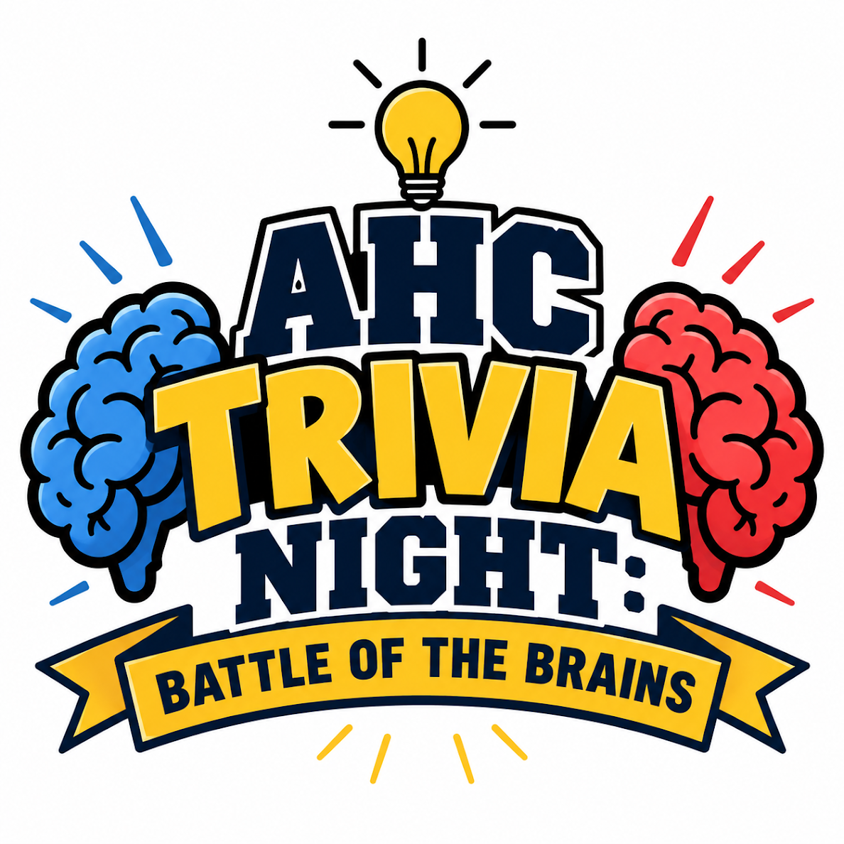 Colorful logo for AH Trivia Night titled 'Battle of the Brains' with illustrations of blue and red brains, a yellow light bulb, and bold yellow and navy text.