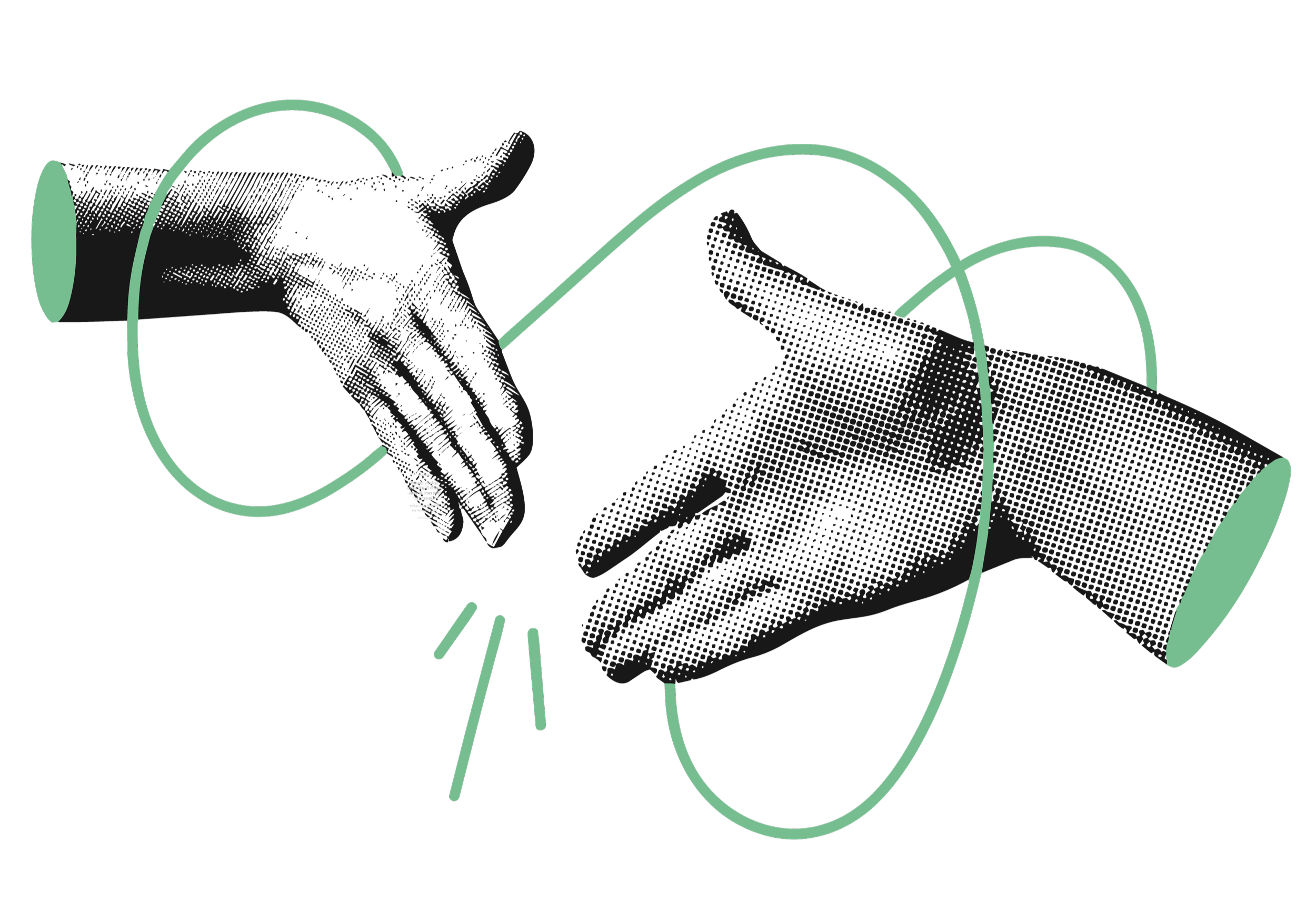 Illustration of two hands releasing sparks of light, with flowing green lines connecting the hands on a black background.