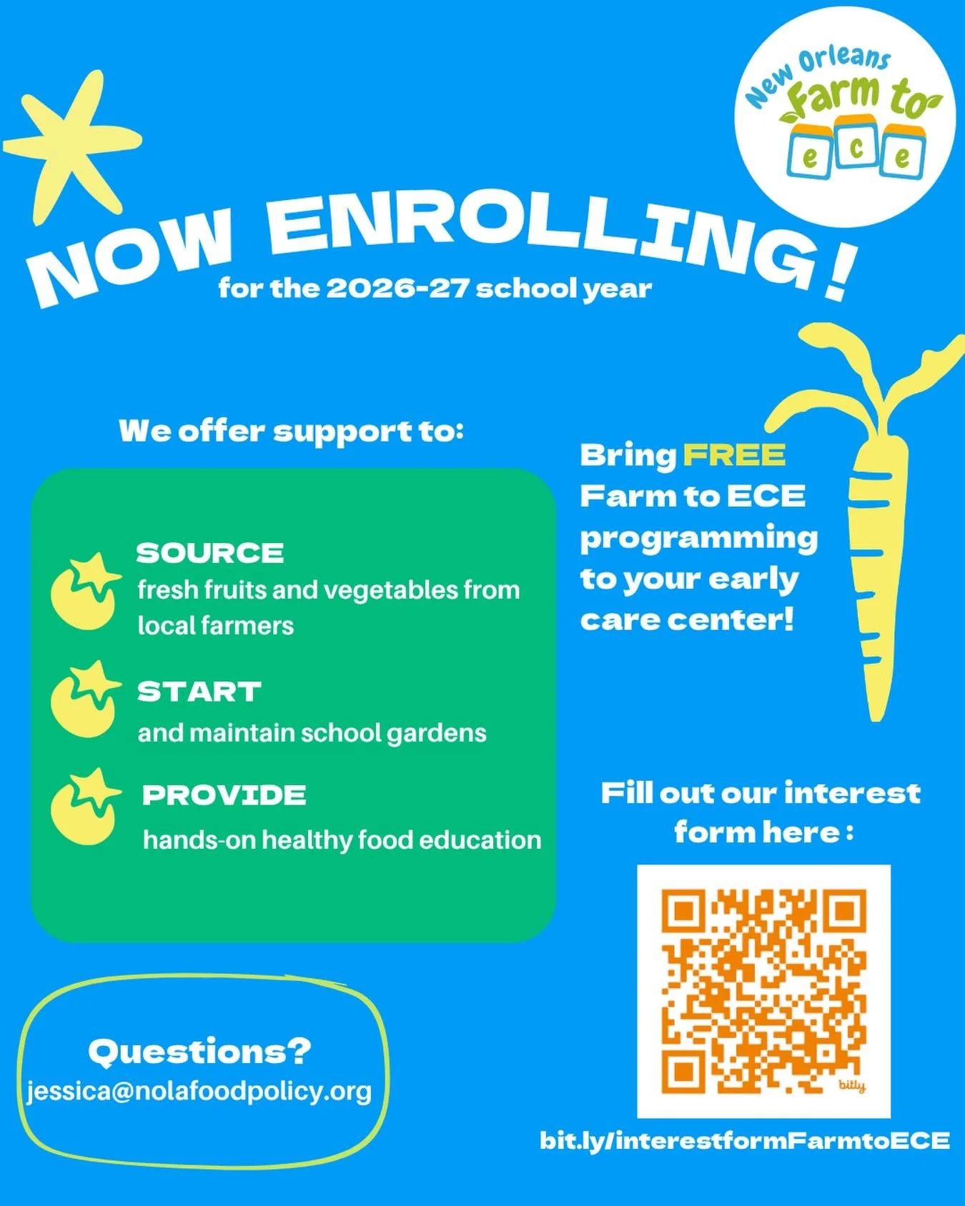 Now enrolling! Bring FREE Farm to ECE programming to your early care center and help little learners grow big connections to healthy food

We support centers to:
Source fresh, local fruits &amp; vegetables
Start and sustain school gardens
Provide han