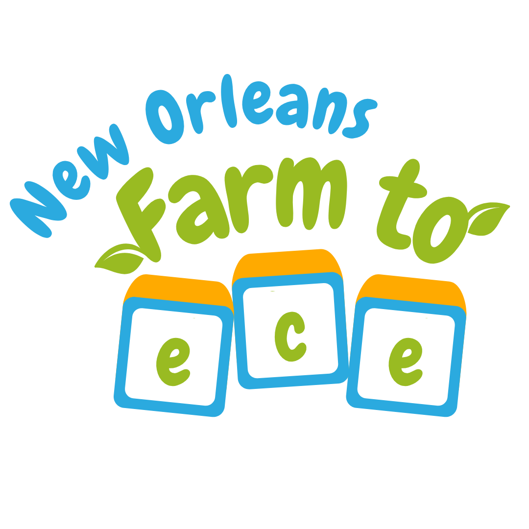 Colorful logo for New Orleans Farm for ECE, featuring playful text and three alphabet blocks spelling 'e c e'.