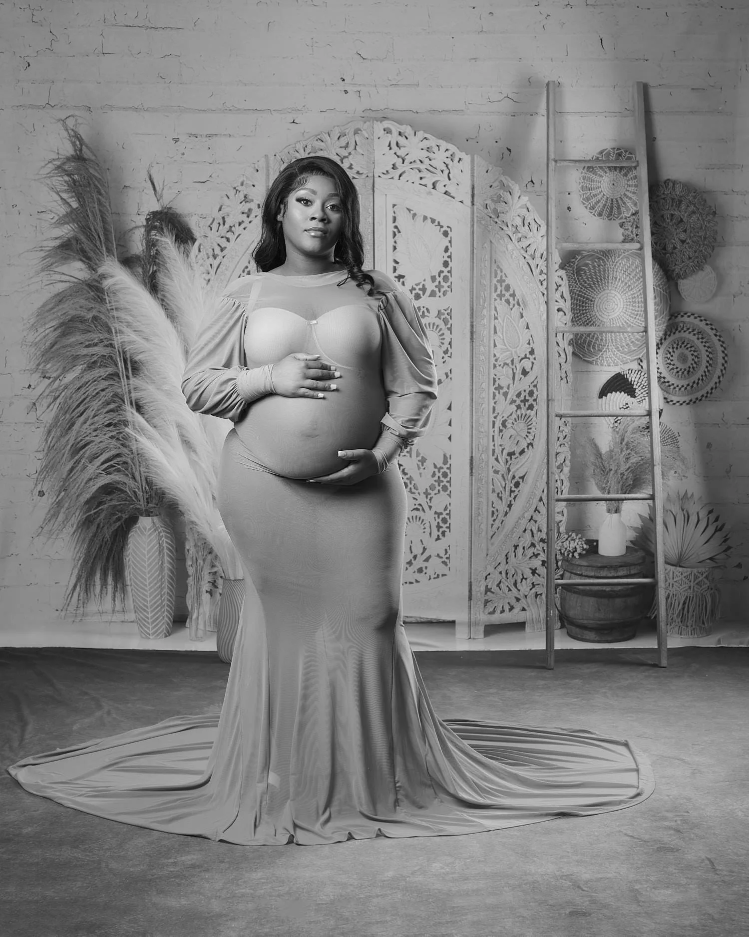 Studio maternity image with boho decor, ladder and pampas grass in Albany NY studio