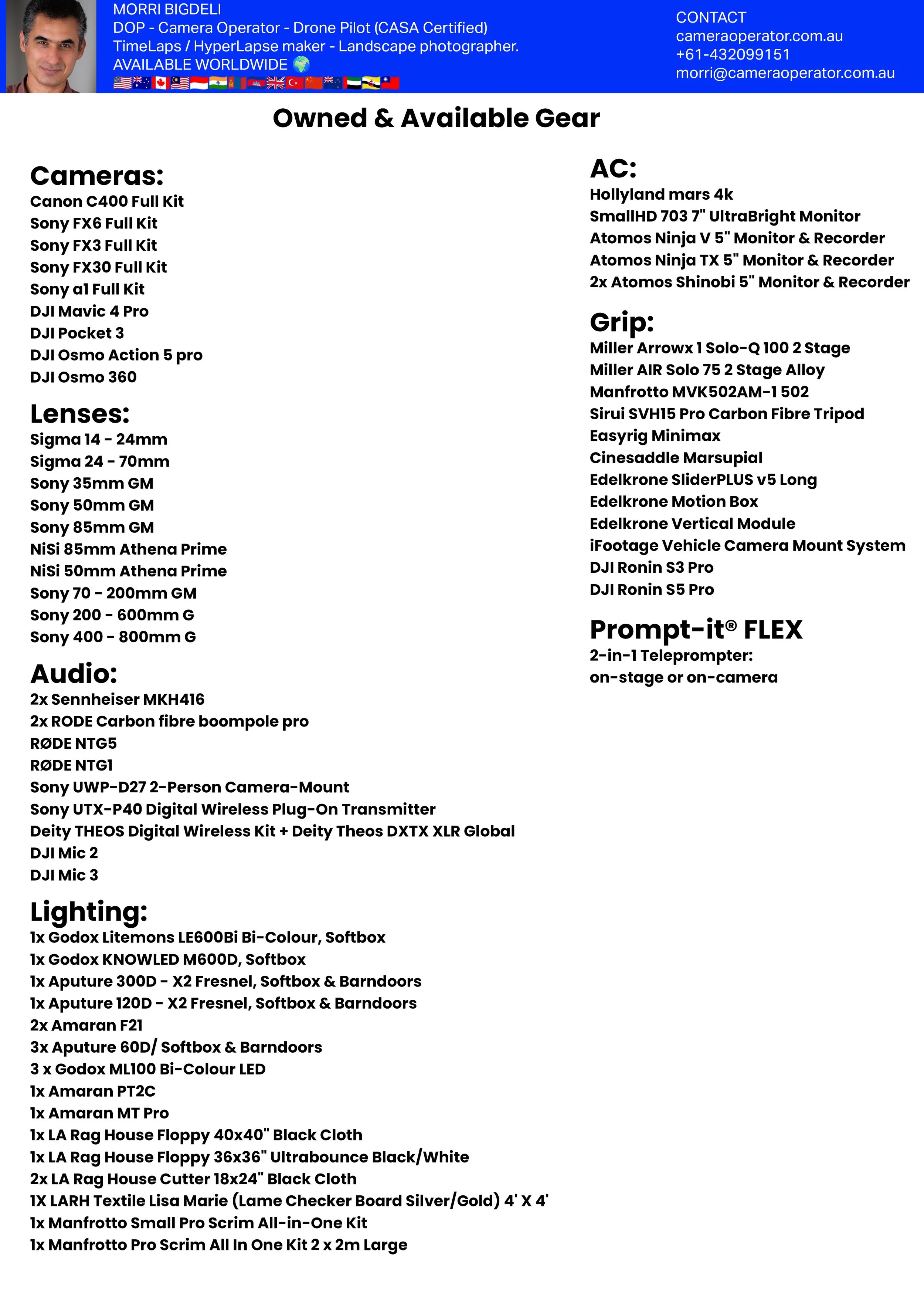 A detailed list of owned and available gear from a drone and landscape photographer, including cameras, lenses, audio equipment, lighting, and accessories, with contact information at the top.