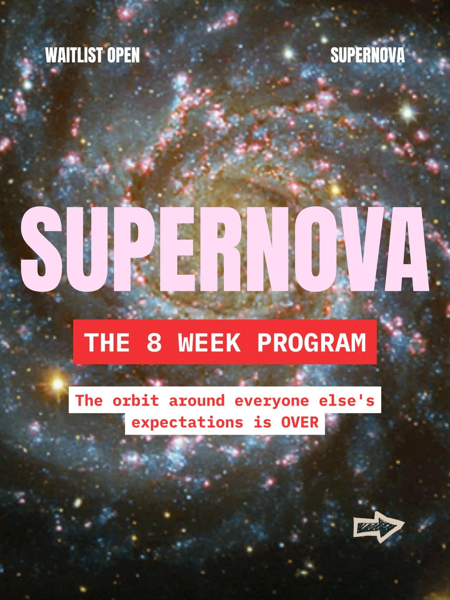 The fight is over. 

This is why I created SUPERNOVA. I want every woman to experience the shift I have. To stop shrinking, end the cripling spirals and fall in love with life again.

My 8-week program is your blueprint for ending the cycle around ev