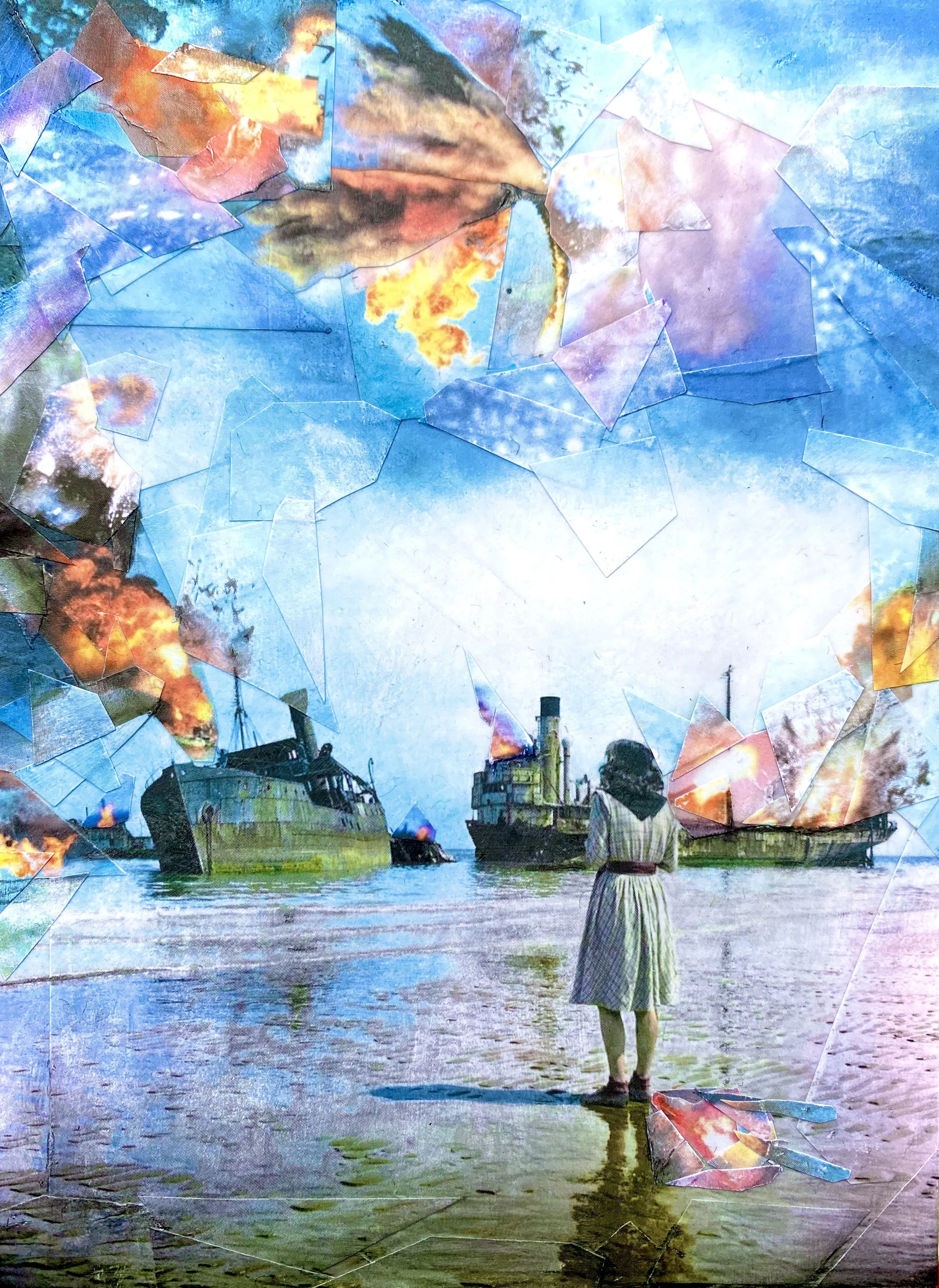 Signal Bomb, 6"x 4", Paper Collage on Panel, 2022.  $250