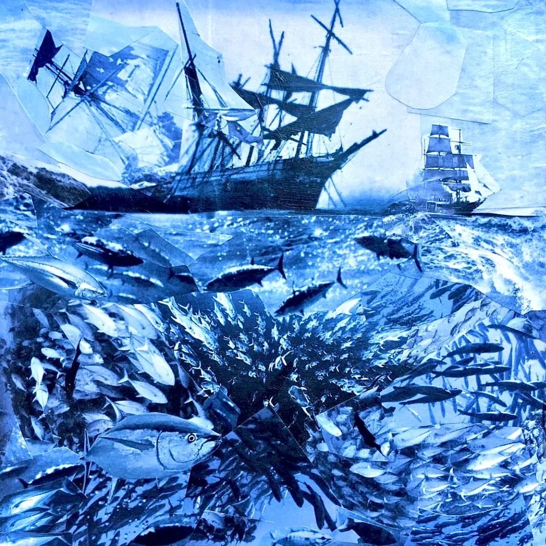 Fishing the High Seas, 8"x 8", Paper Collage on Panel, 2018.  $200