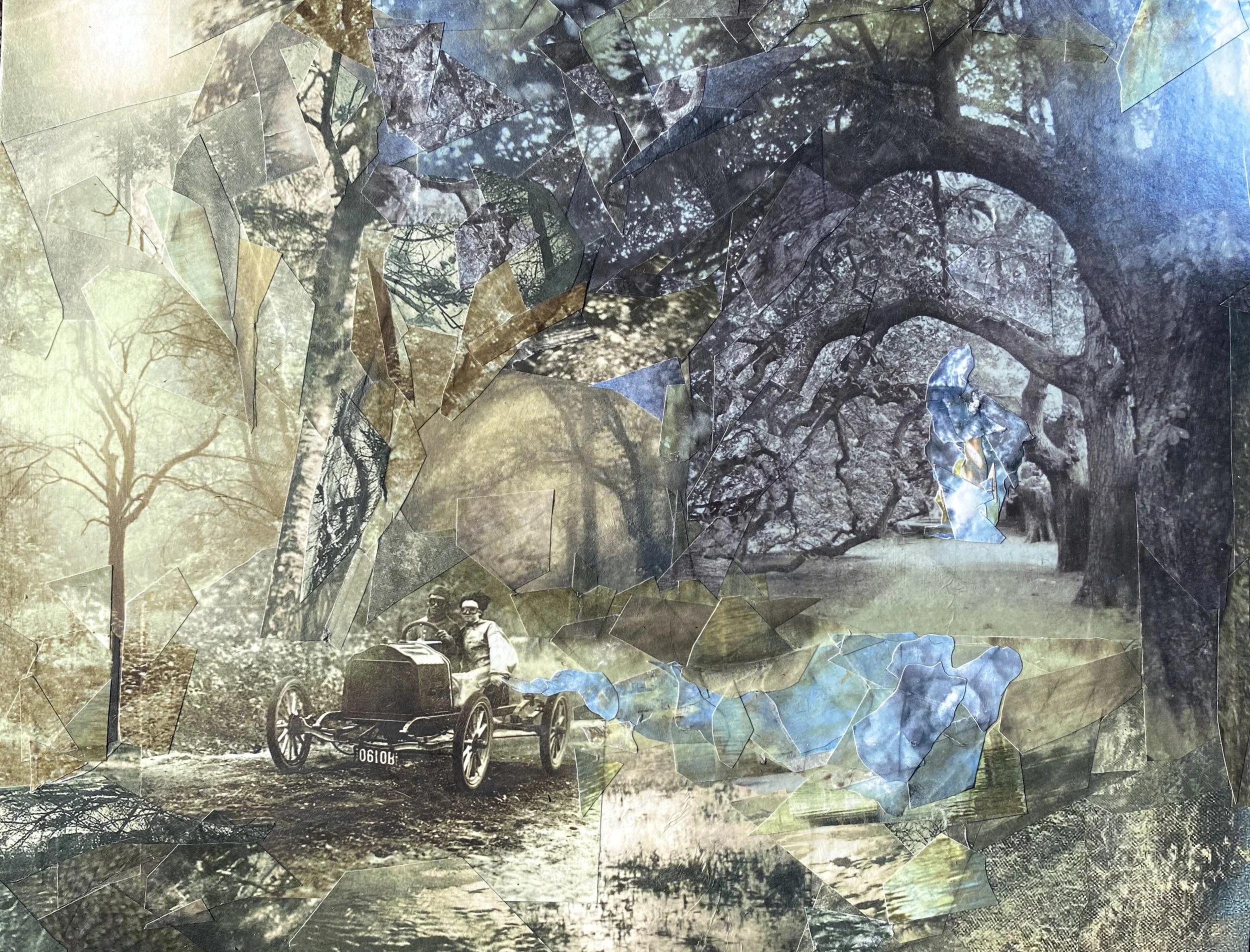 Getaway Driver, 11"x 14", Paper Collage on Panel, 2022.  $250