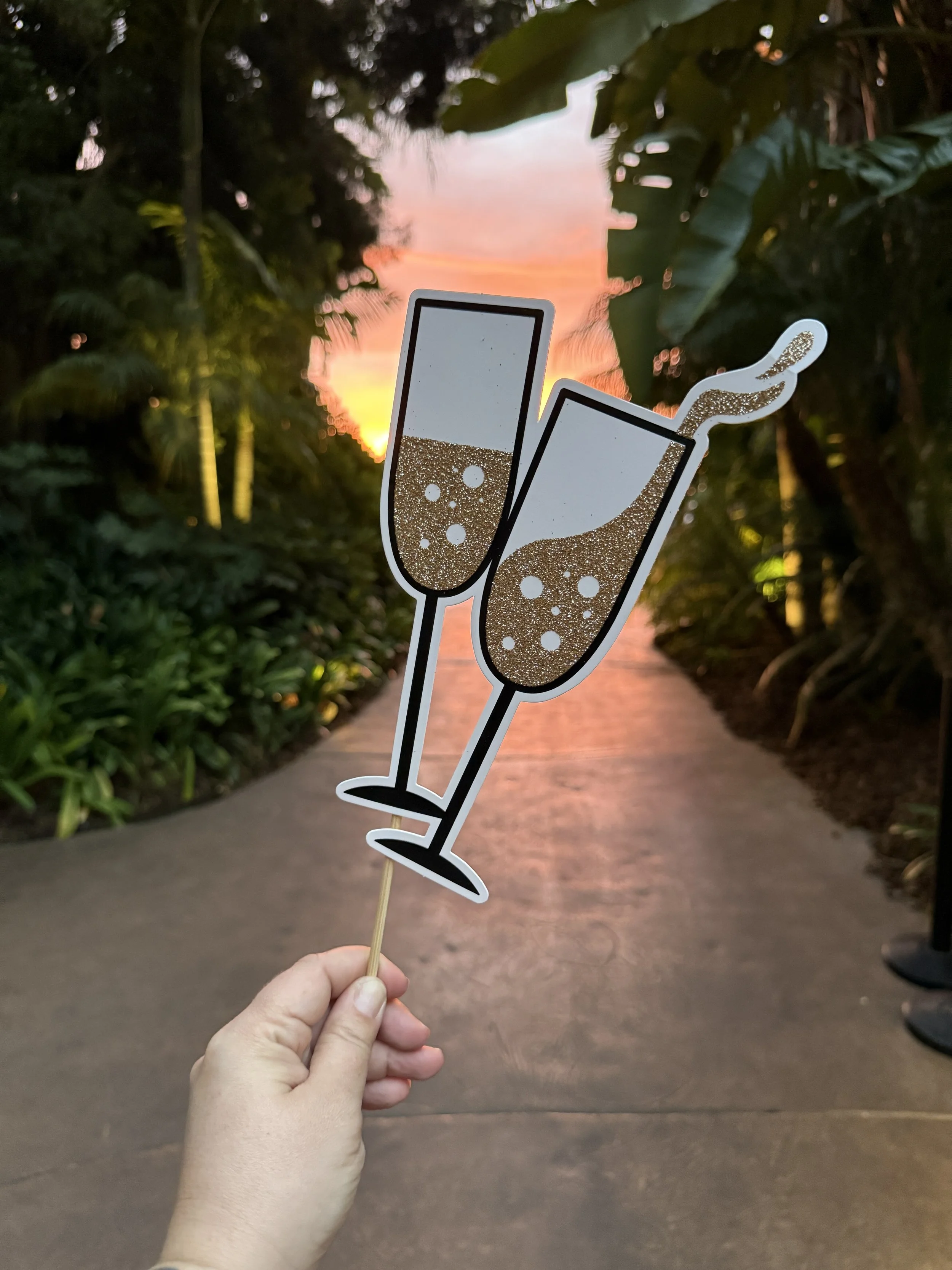 "Champagne Cheers" Black, White and Sparkly Gold Stick Prop