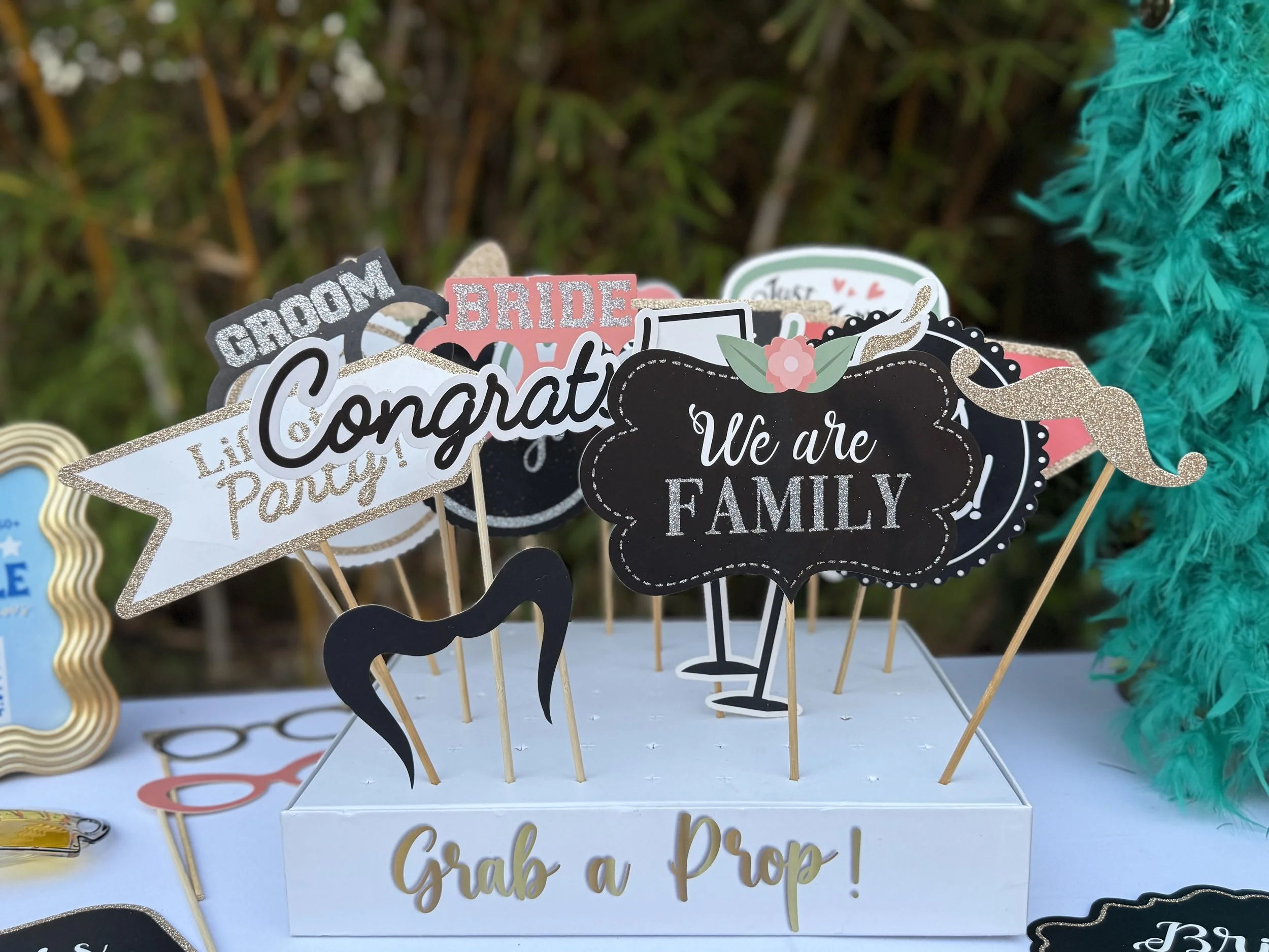 Pink, Green, Black and White Stick Props for Wedding at Botanica Venue in Oceanside, CA