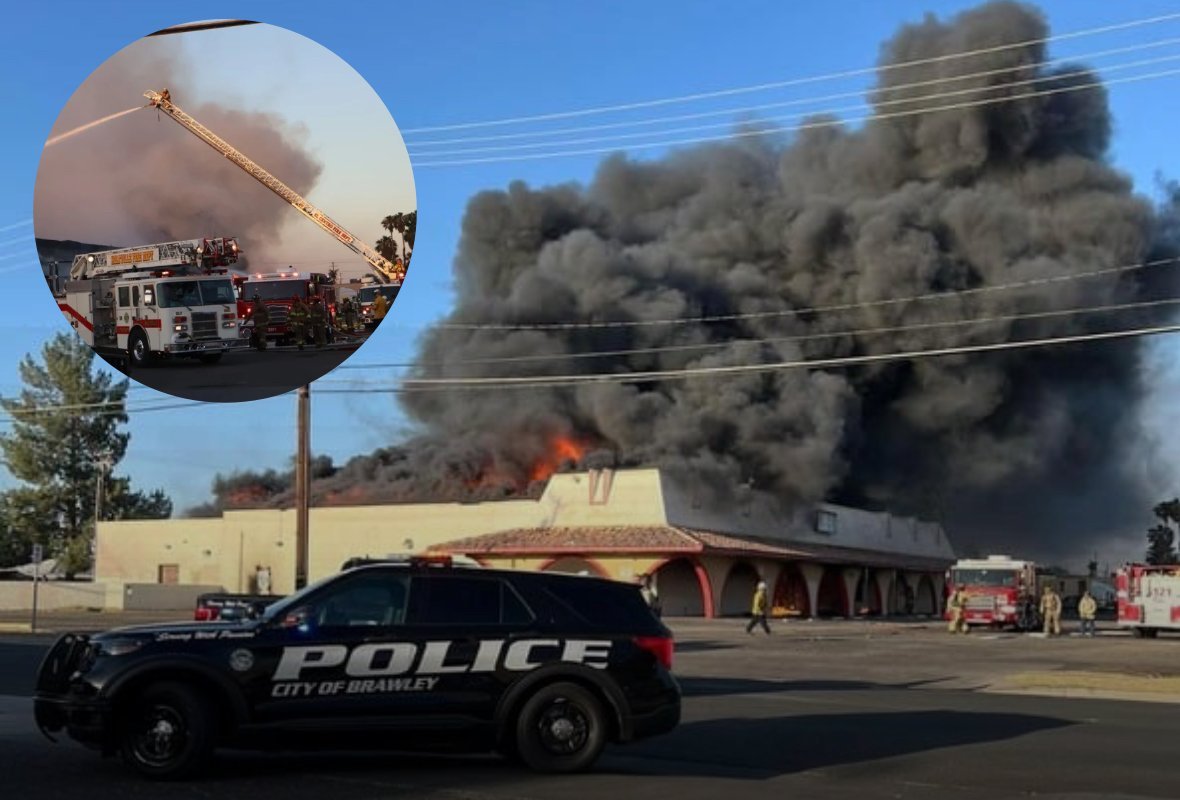 Old abandoned grocery store formerly known as "Cooks" fully engulfed in flame and to the left is a picture of firefighters extinguishing the fire from above