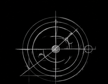 Radar target display with concentric circles and crossing lines on a black background.