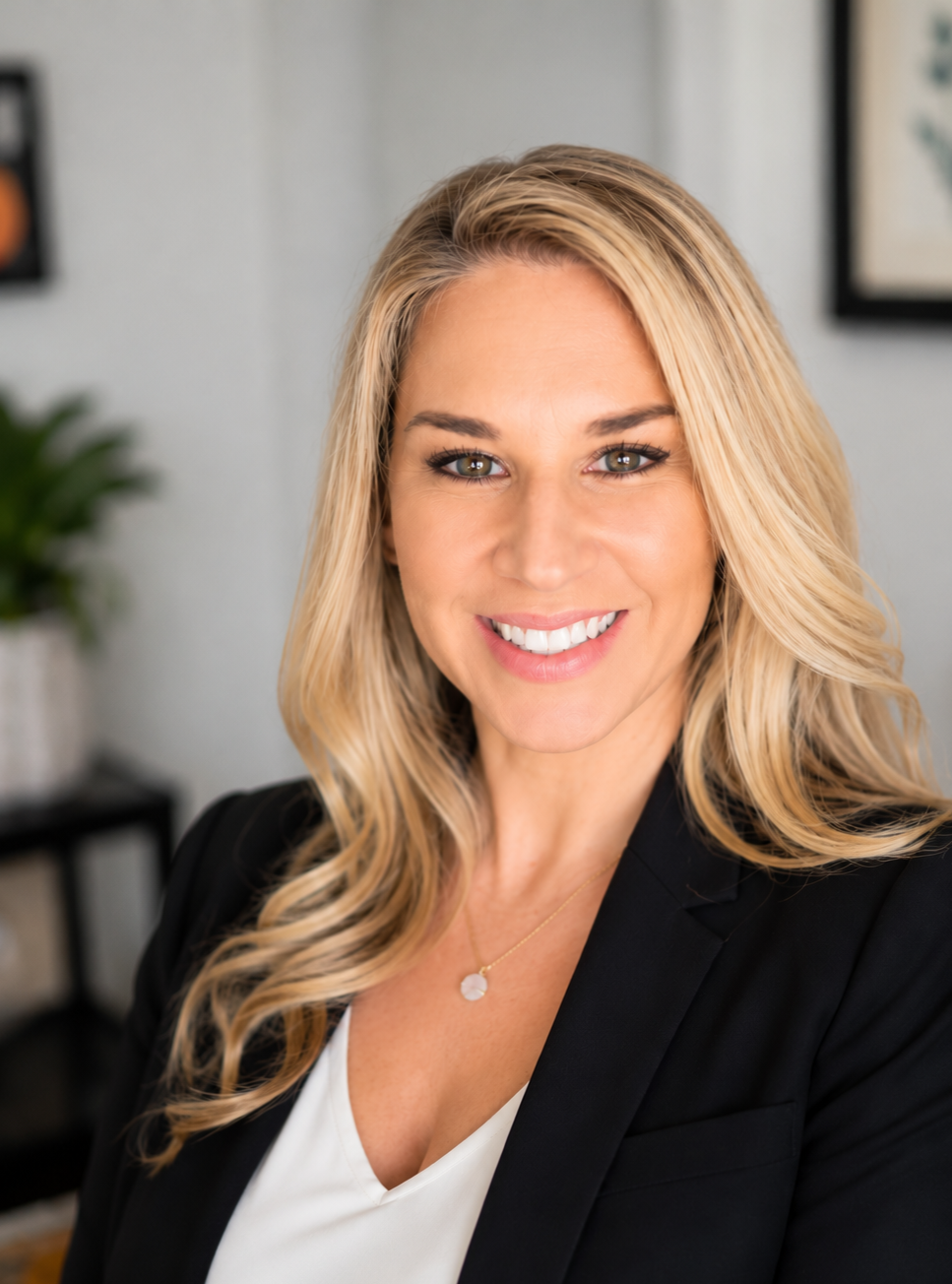 Close-up portrait of a smiling blonde woman in a black blazer and white top, standing indoors with blurred background, possibly in an office or professional setting who practices psychiatry in Bel Air Maryland and in Baltimore Maryland.