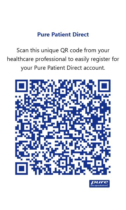 A white and blue informational sign displaying a large QR code, with the title 'Pure Patient Direct' and instructions to scan the QR code for healthcare professionals to register for a Pure Patient Direct account.