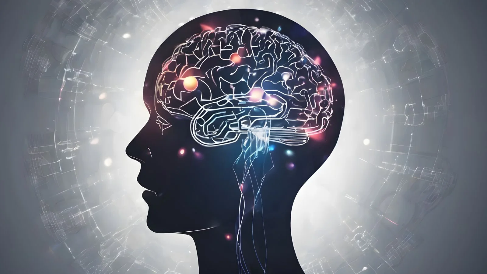 Silhouette of a person's head with a glowing illustration of a brain and neural connections inside, representing brain activity or mental processes.