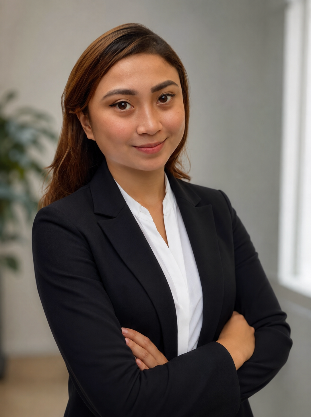 A confident young woman with shoulder-length brown hair, wearing a black blazer and white blouse, standing with crossed arms in an office setting who is the virtual assistant for a psychiatry pracitce.