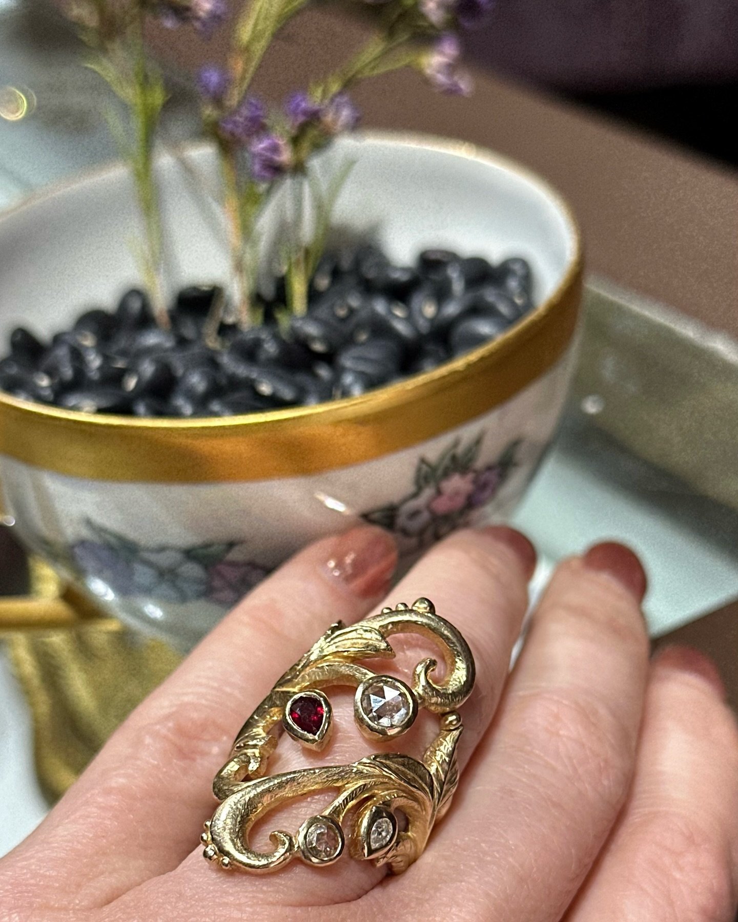Persephone -definitely my most intense ring carving! 🤯 Over 35 hrs of carving then crossing my fingers that casting works out&hellip;and it obviously did! 
 Persephone is the matriarch of the Seedling Collection which so happens to be a celebration 