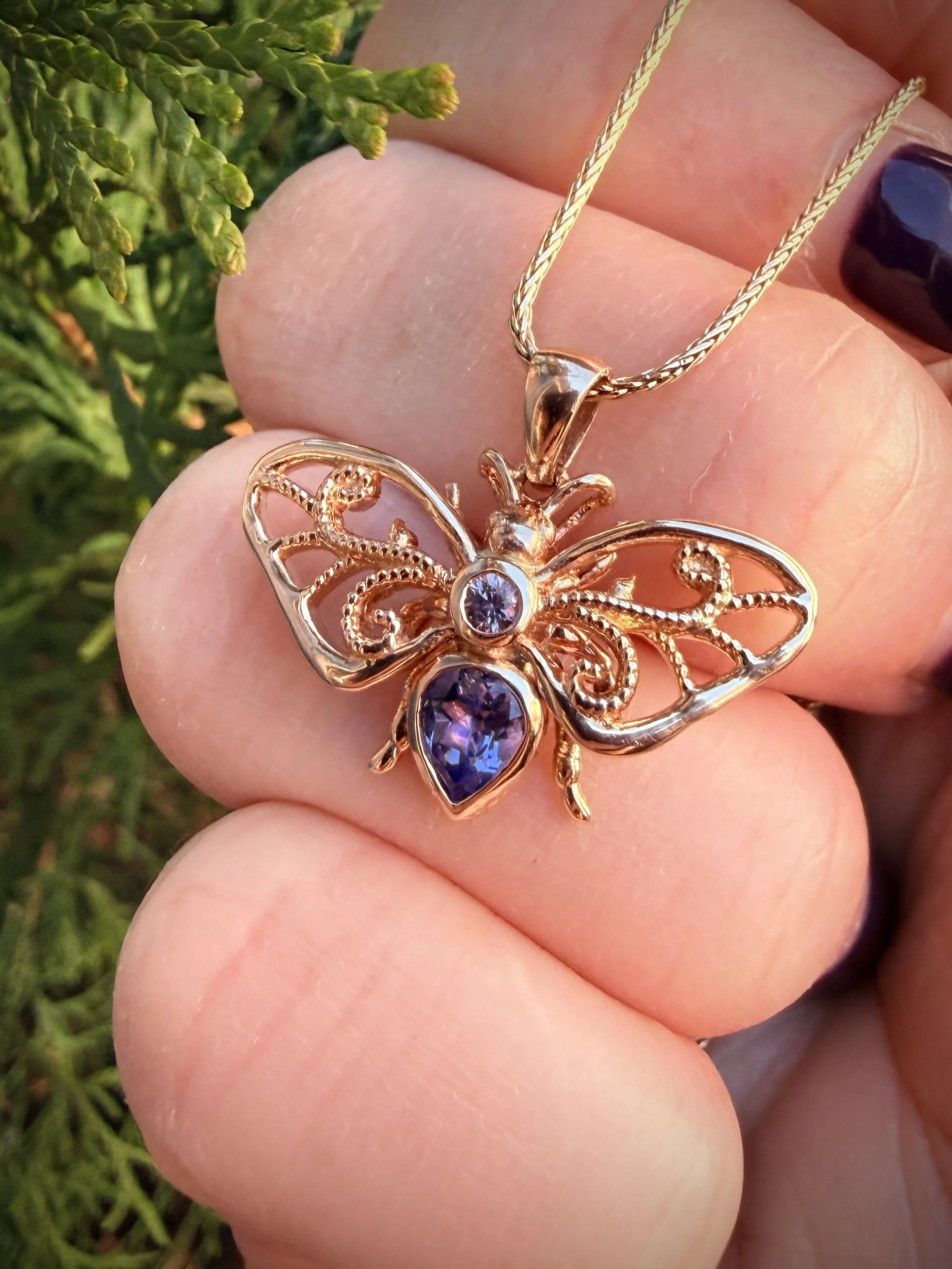 Thyme Keeper Bee Pendant With Tanzanite And Sapphire