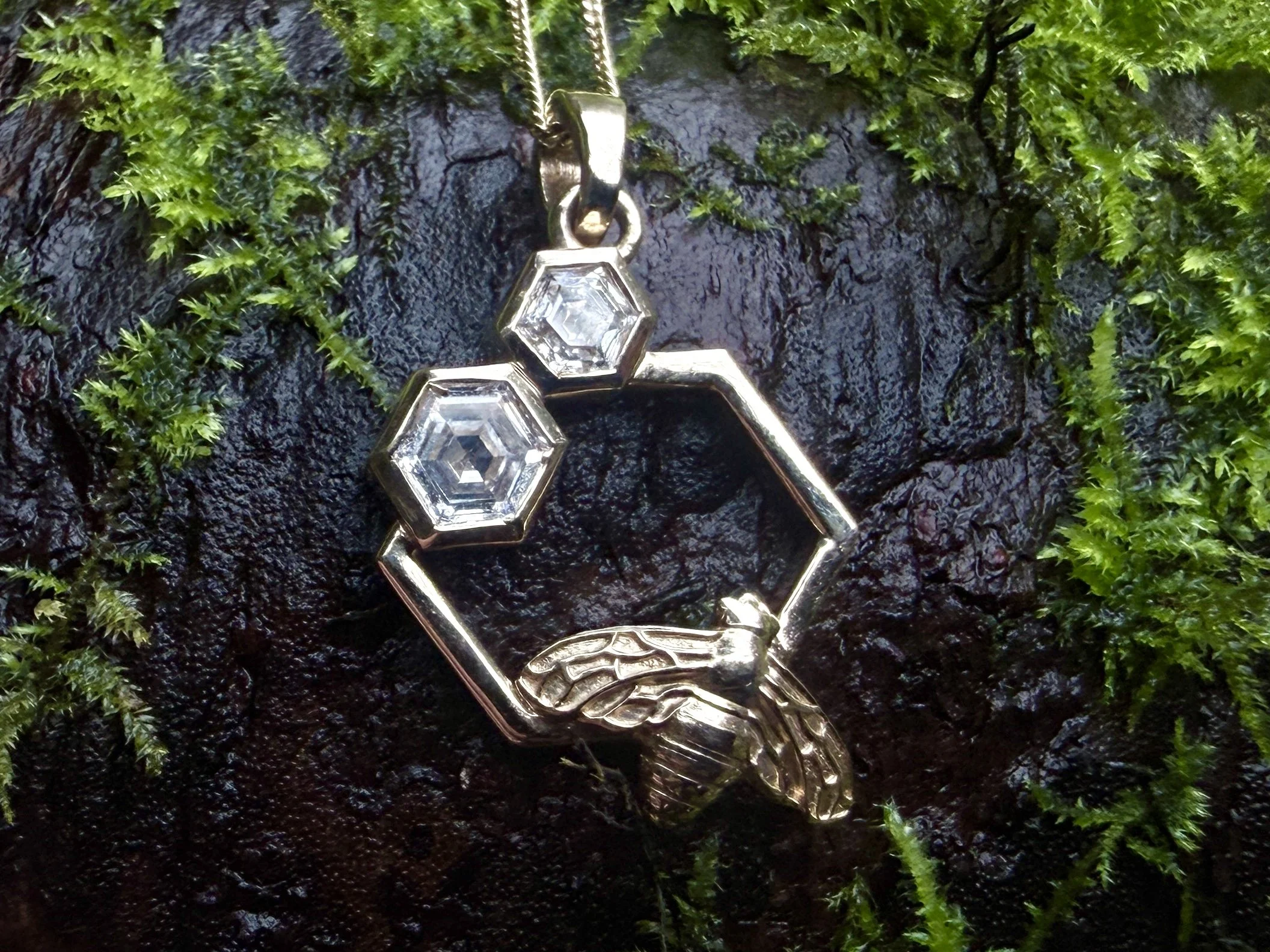 Golden Kinship Bee on Honeycomb With Lab Diamonds