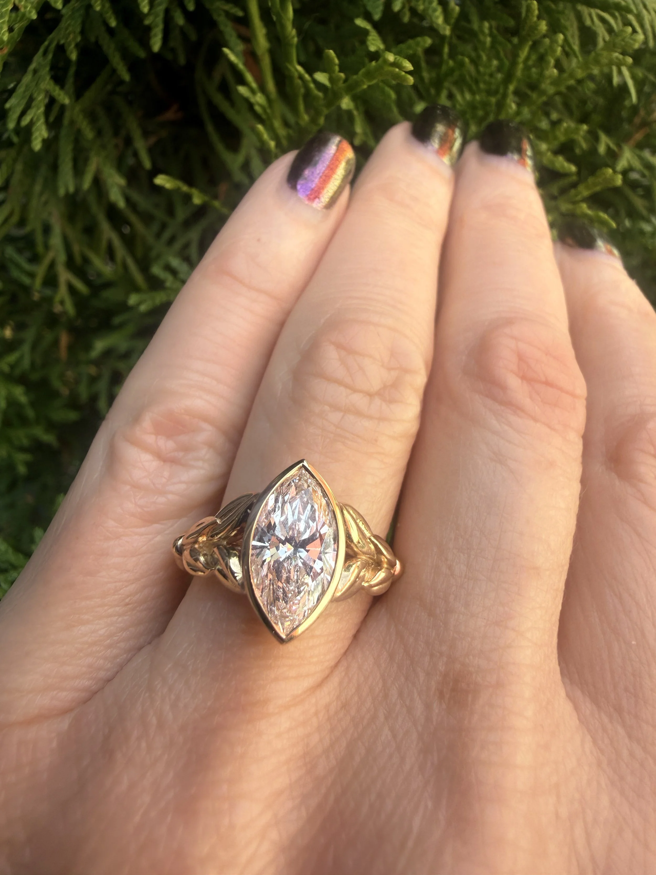 2ct Bezel Set Marquise Lab-Grown Diamond Leaf Engagement Ring, 14k Yellow Gold
