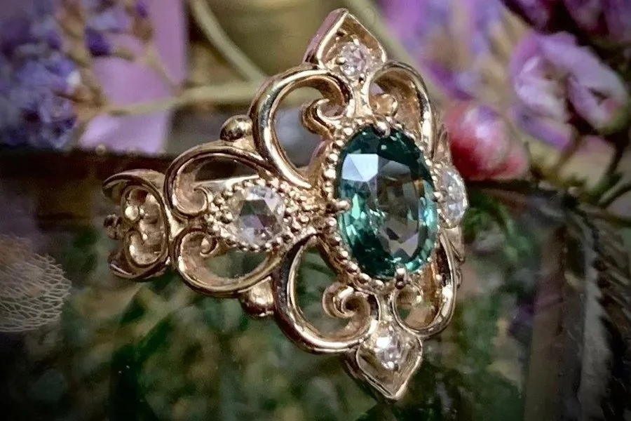 Enchanted Forest Ring with Green Sapphire and Diamonds