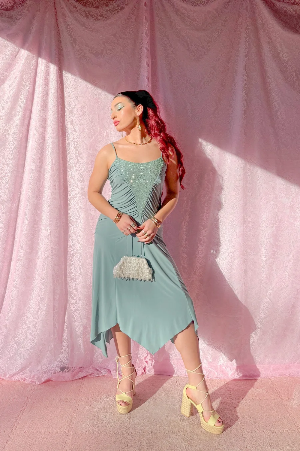 Y2K Sequin Turquoise Mermaid Gown  Spice Vintage