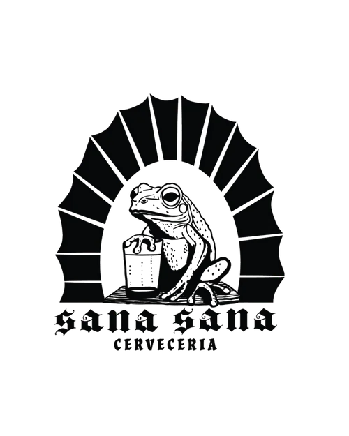 Black background with a logo featuring a stylized rooster or cockerel within a semi-circular arch and text underneath.