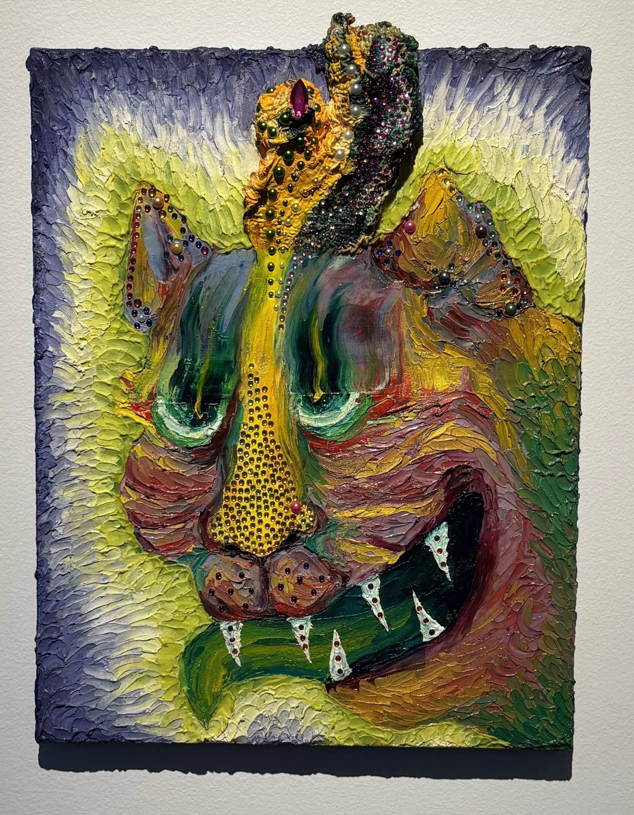 11. Yasamin Khadembashi, 'Dreamy-Eyes', 2022, impasto wax medium, oil rhinestone and pearl embellishment on canvas, 37.5 x 28 x 2 cm, NFS. 