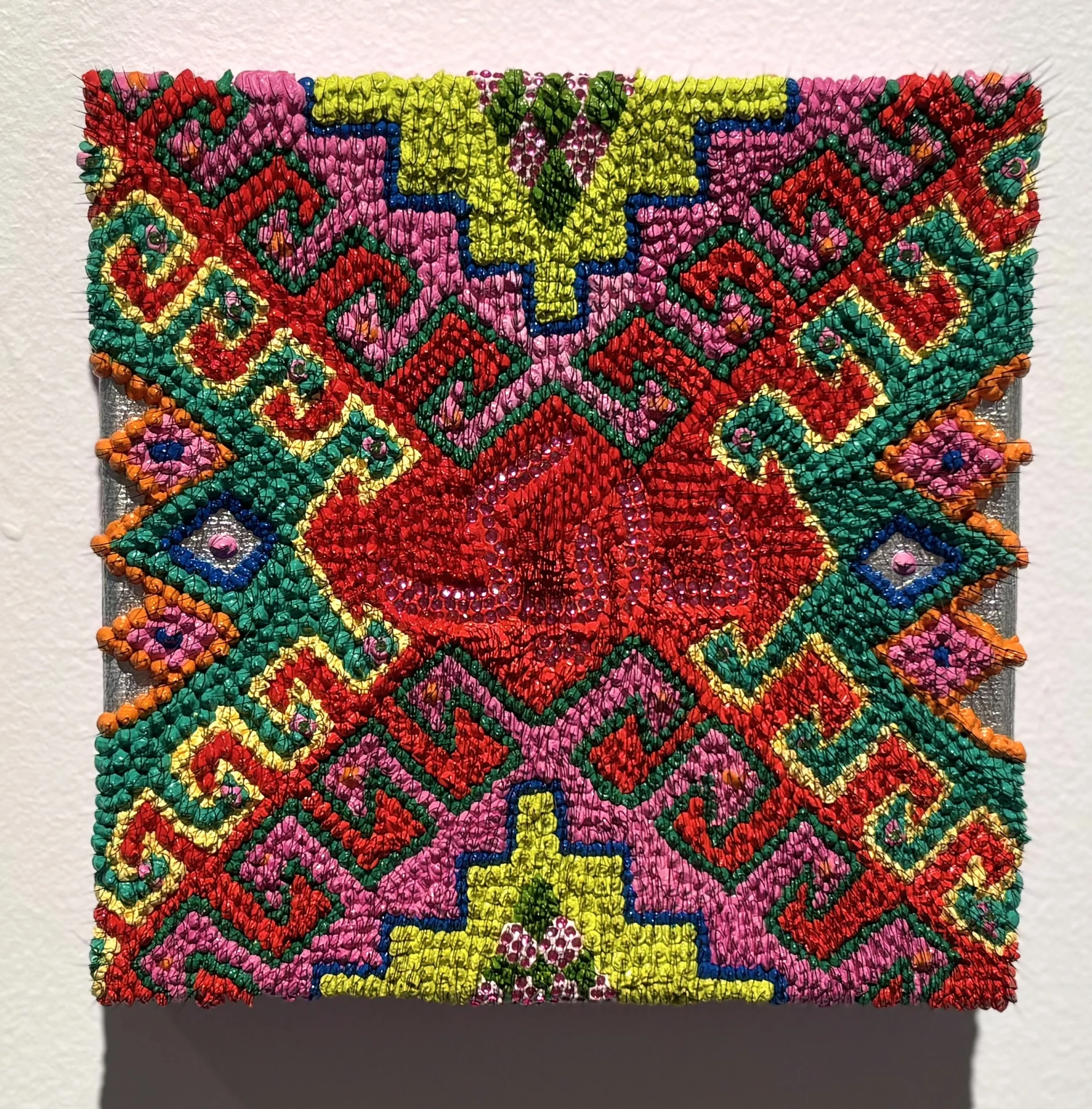8. Yasamin Khadembashi, 'Dyke / دایک’', 
2025, piped impasto oil, synthetic eyelash extensions, silver lead and rhinestones on canvas, 15.5 x 15.5 x 5 cm, NFS.