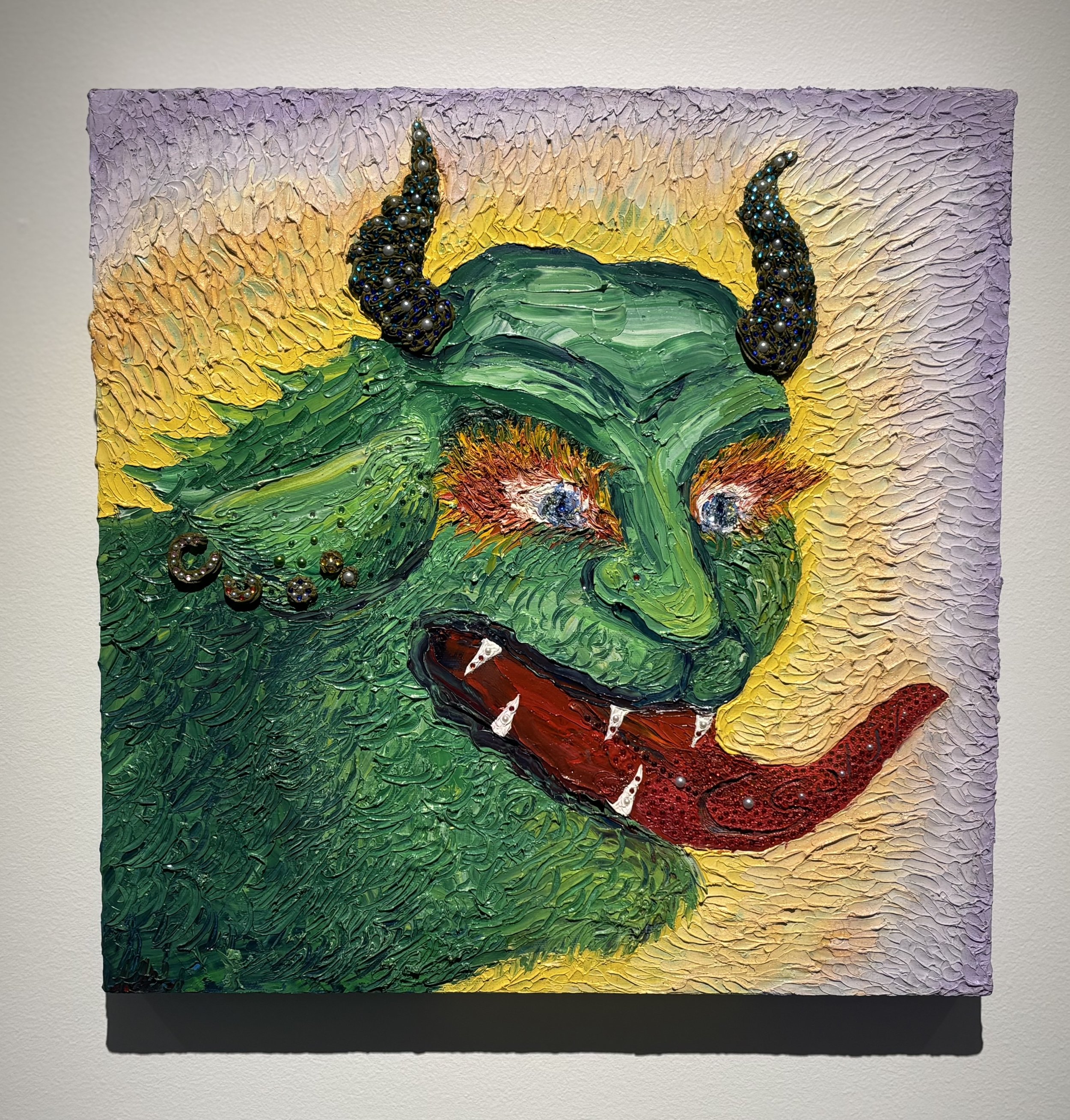 9. Yasamin Khadembashi, 'Jinn E Azadi', 2022, impasto oil paint, rhinestone and pearl embellishment on canvas, 45.5 x 45.5 x 4 cm, NFS.