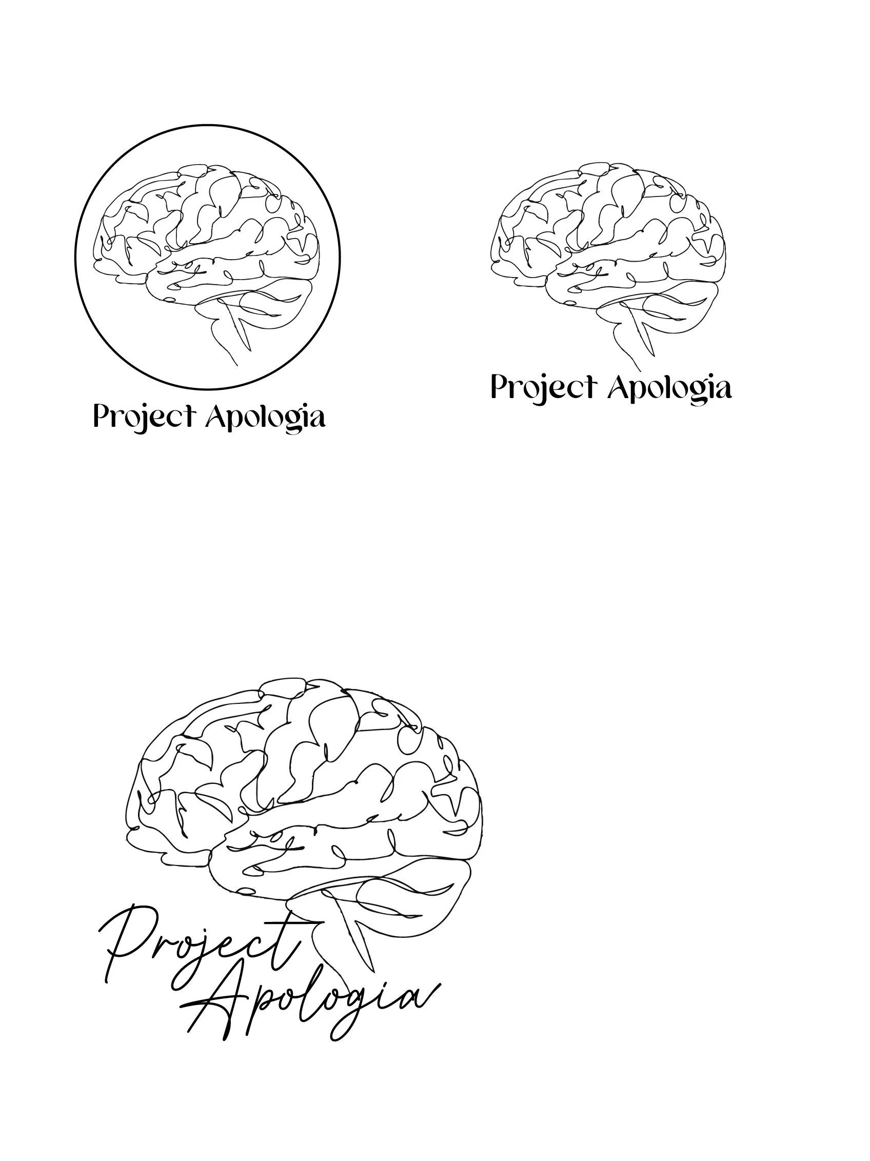 Three black and white line drawings of a human brain with the text "Project Apologia" in different fonts and arrangements.