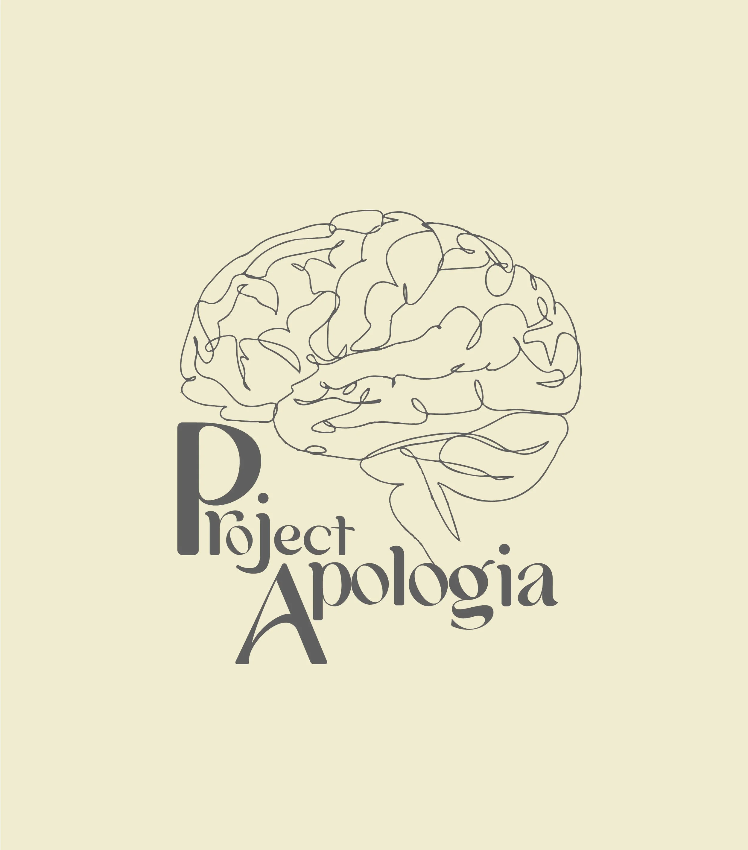 A line drawing of a human brain with the text 'Project Apologia' written below it.