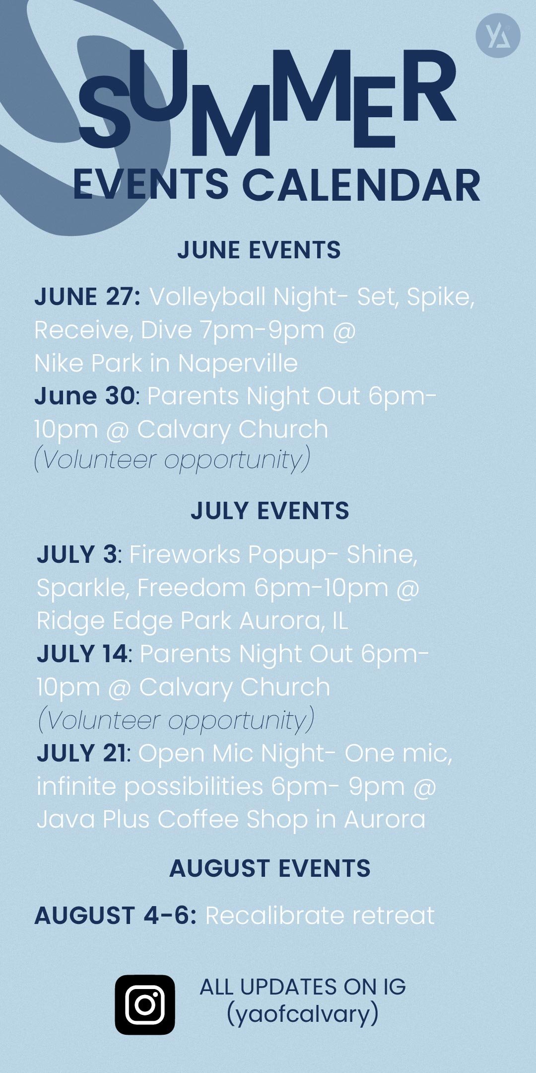 Summer events calendar listing June, July, and August activities including volleyball night, parents night out, fireworks, open mic night, a retreat, and social events.
