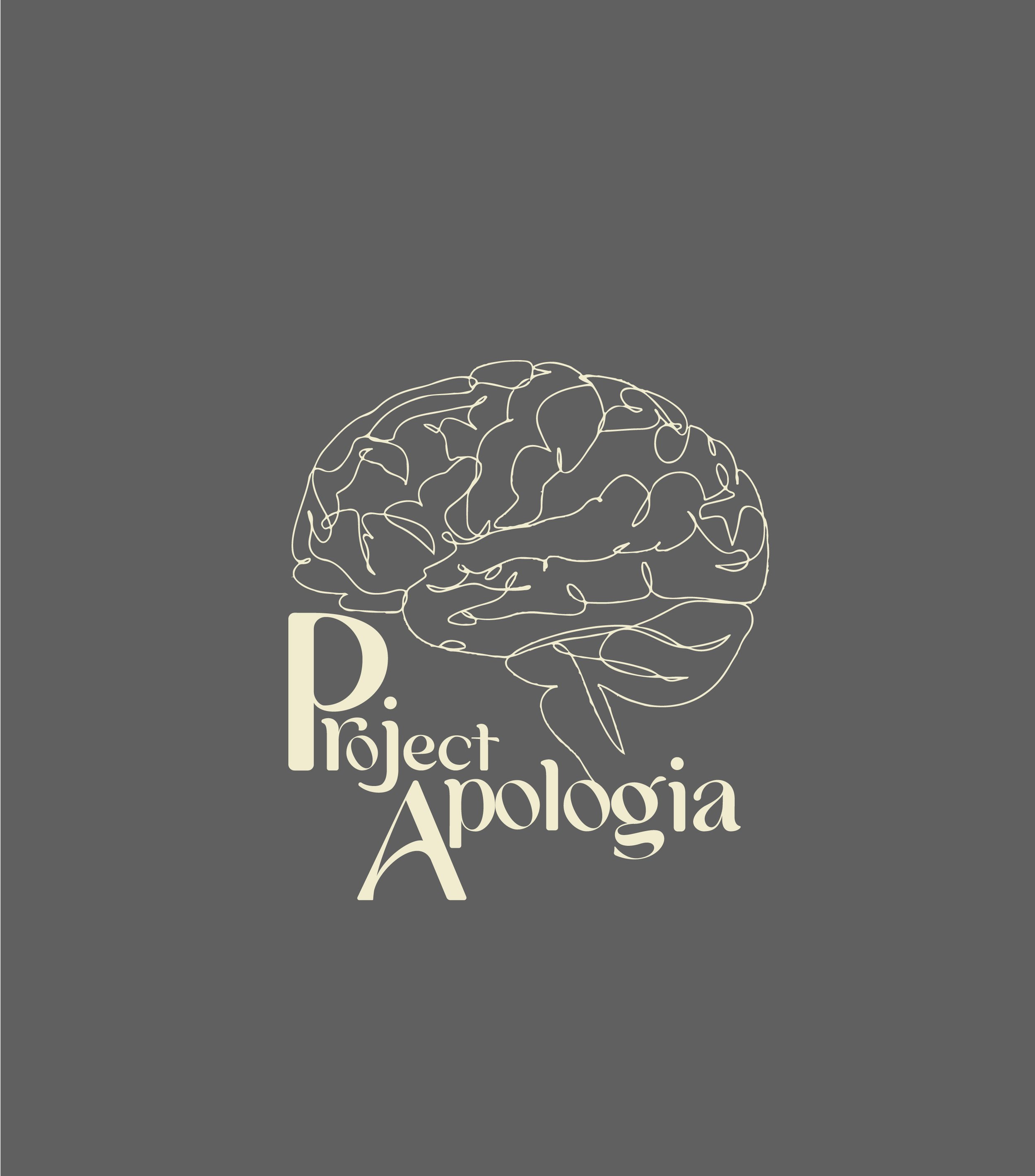 A graphic logo with a line drawing of a human brain and the text 'Project Apologia' on a dark gray background.