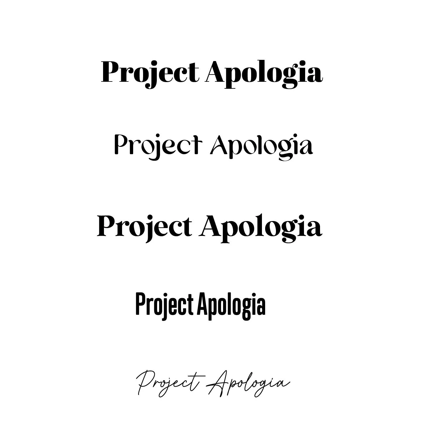 Text that says "Project Apologia" repeated four times in different fonts, with a fifth occurrence in cursive at the bottom.